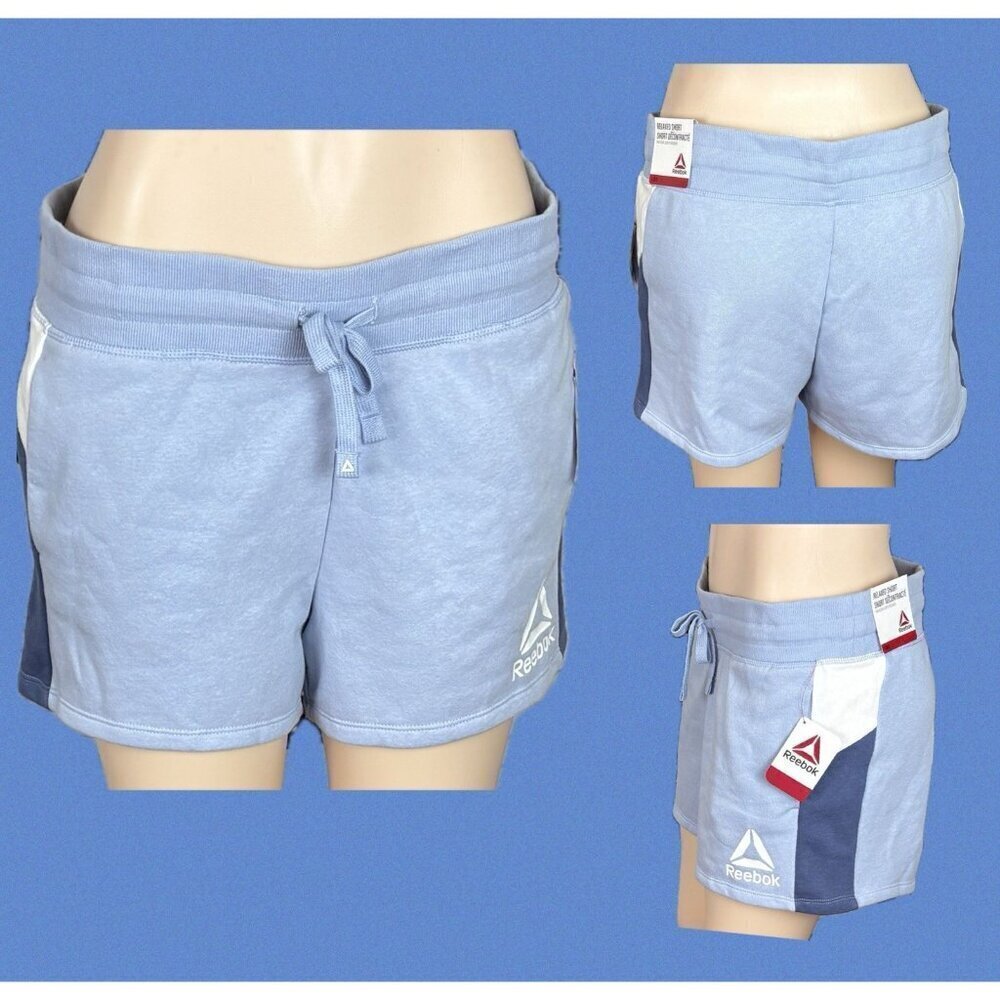 Reebok L Logo Blue Colorblock Ribbed Drawstring Waist Pockets Relaxed Shorts